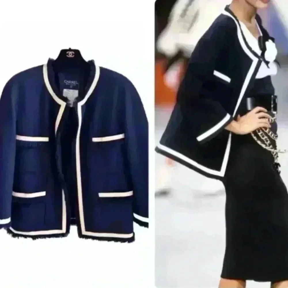 Vintage CHANEL Navy Tweed Fringed Jacket with Cream Vinyl Trim SZ40